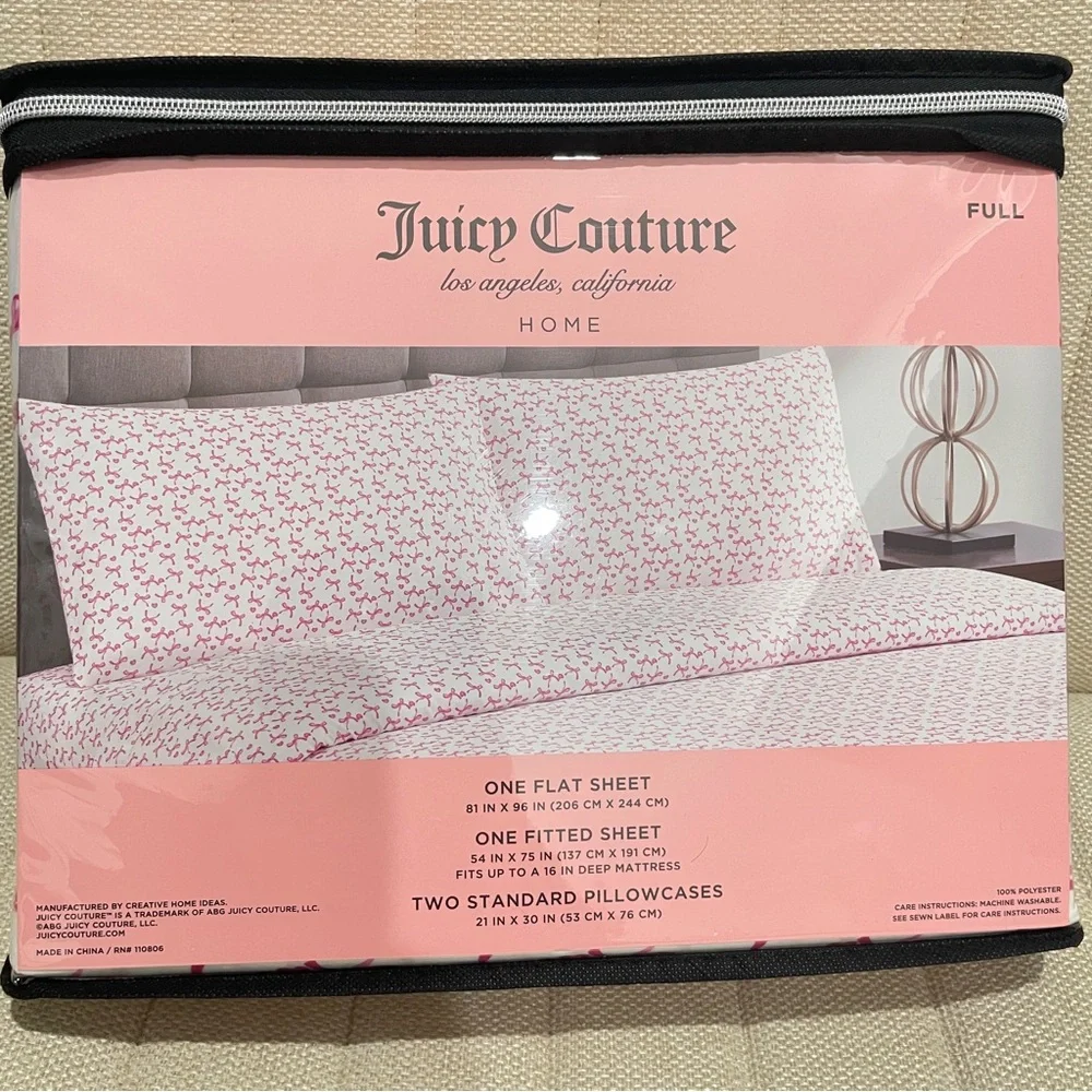 NEW Juicy Couture Full Sheet Set Pink White Bow Heart Print‎ 4 Piece Bedding
